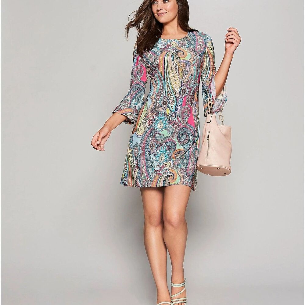 Tommy Hilfiger Paisley Sheath Mini Dress Bell Sleeve Colorful Small